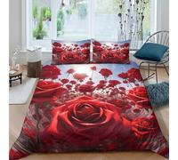 3D Super Soft Microfiber Red roses field Duvet Cover Easy Care Bedding Set w/Pillowcase Digital art style Quilt Cover Sets All Season Breathable for Home Decoration Single（135x200cm）