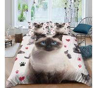 3D Super Soft Microfiber Siamese cat Bedding Quilt Cover All Season Bedding Set w/ Pillow Cases cute animal illustration Bed Quilt Cover Easy Care Breathable Washable for All Single（135x200cm）