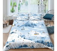 3D Super Soft Microfiber Ski resort scene Comforter Cover All Season Bedding Set with Pillow Shams Winter mountain illust Quilt Cover Set Easy Care, Washable for Bedroom Decor Super king（260x220cm）