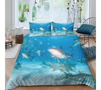 3D Super Soft Microfiber Underwater sharks Comforter Cover All Season Bedding Set with Pillow Shams Marine wildlife scene Quilt Cover Set Easy Care Machine Washable for Bedroom Decor King（220x240cm）