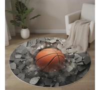 3D Surrealism Round Area Rug 60cm, Washable Non-Slip Indoor Decor Orange Color Circle Rug, Soft Non-Shed Lightweight Basketball Breaking Through The Wall Print Carpet, for Bedroom Playroom Entryway