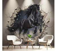 3D Surrealism Wall Mural, Dark Horse Breaking Through The Wall Print Photo Wallpaper, Non-Woven Black Wall Mural Decoration Poster Picture Design, for Living Room Bedroom TV Backdrop 300 x 210 cm