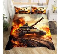 3D Tank Battles Single Duvet Cover Set Military Theme Single Bedding Sets Warm Comfort Microfiber Quilt Cover 150x200 cm with 2 Pillowcases for Boys Girls Bedroom t.3962