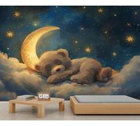 3D Teddy Bear Mural Dreamy Sleeping Teddy Bear Wall Murals Golden Crescent Moon Stars Cloud Mural Wallpaper Night Starry Sky Wall Stickers for Bedroom Nursery 450 x 305 cm