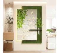 3D Textured Sandstone LED Wall Art, Koi Fish & Bamboo Lighted Sculpture with Glass Vase & Artificial Plants for Living Room, Entryway, Hallway (23.6x35.4in)
