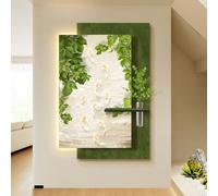 3D Textured Sandstone LED Wall Art, Koi Fish & Bamboo Lighted Sculpture with Glass Vase & Artificial Plants for Living Room, Entryway, Hallway (23.6x35.4in)