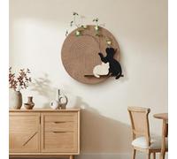 3D Textured Sandstone Round LED Wall Decor, Neutral Abstract Boho Art Beige Brown Wall Hanging with Artificial Plant for Living Room Entrance