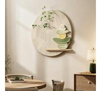 3D Textured Sandstone Round LED Wall Decor, Neutral Abstract Boho Art Beige Brown Wall Hanging with Artificial Plant for Living Room Entrance