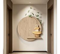 3D Textured Sandstone Round LED Wall Decor, Neutral Abstract Boho Art Beige Brown Wall Hanging with Artificial Plant for Living Room Entrance