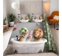 3D Tiger Lion Duvet Cover Set Double, Animal Print Bedding, reversible Design, Includes 1 Duvet Cover 150x200cm & 2 Pillow Cases 50x75cm, Microfiber, Easy Care, for teen