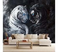 3D Tiger Wall Mural Wallpaper Non-Woven for Living Room, Bedroom, Children's Room Zen White Black Tiger Large Photo Wallpaper for Tv Background Wild Animal 400x280cm