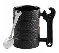3D Tire Coffee Mug with Spoon and Handle, 500ml Large Mug Funny Gifts for Men Craftsmen Electricians Boss Car Enthusiasts Mechanics Motorcyclists for Birthday Father's Day (Black 02)