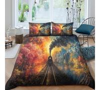 3D Train Passing through Four Seasons Scene Duvet Cover Sets Paint Art Bedding 3Pcs Comforter Cover Soft & Cosy Printed Microfibre Quilt Covers Double(200x200cm)