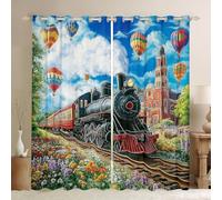 3D Train Window Curtains Romantic England City Window Treatments Rail Transport Vehicles Window Drapes for Kids Colorful Hot Air Balloon Grommet Top 2 Panel Set Bedroom Curtains,66Wx90L inch