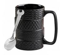 3D Tyre Coffee Mug with Spoon and Handle, 500 ml Large Mug Funny Gifts for Men Craftsmen Electricians Boss Car Lovers Mechanics Motorcyclists for Birthday Father's Day (Black 03)