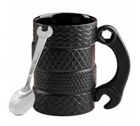 3D Tyre Coffee Mug with Spoon and Handle, 500 ml Large Mug Funny Gifts for Men Craftsmen Electricians Boss Car Lovers Mechanics Motorcyclists for Birthday Father's Day (Black 01)