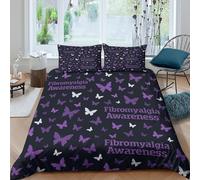 3D Ultra Soft Microfibre Fibromyalgia awareness Comforter Cover All Season Bedding Pillow Cases Purple butterfly Duvet Cover Set Easy Care Breathable Washable Bedroom Decor Super king(260x220cm)