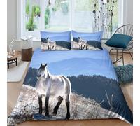 3D Ultra Soft Microfibre Snowy horse Duvet Cover Set Easy Care Bedding Set w/ Pillow Cases Wild mountain l&scape Bedding Quilt Cover All Season Breathable Washable for Bedroom Decor Single（135x200cm）