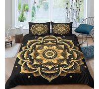 3D Ultrasoft Microfibre Golden Mandala Duvet Cover Easy Care Bedding Set with Pillow Shams Ornamental Design Style Bedding Quilt Cover All Season Breathable Washable for Couples Single（135x200cm）