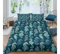 3D Ultrasoft Microfibre Seahorse pattern Bedding Quilt Cover Breathable Bedding Set w/ Pillowcases Nautical sea theme Comforter Cover All Season Easy Care, Washable for Couples Super king（260x220cm）