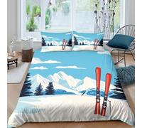 3D Ultrasoft Microfibre Skiing scene Bedding Quilt Cover Breathable Bedding Set w/ Pillowcases Winter mountain landscape Comforter Cover All Season Easy Care, Washable for Couples King（220x240cm）