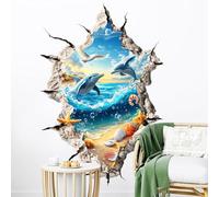 3D Under the Sea Wall Stickers, Dolphin Bird Wall Decals, Removable Self Adhesive Wall Decals, for Kids Boys Baby Nursery Bedroom Bathroom Mall, Wall Door Glass Decoration, 3D Broken Ocean World Theme