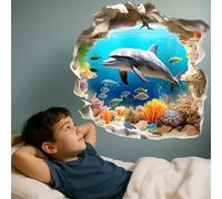 3D Under The Sea Wall Stickers, Dolphin Fish Wall Decals, Removable Self Adhesive Wallpaper, for Kids Boys Baby Nursery Bedroom Bathroom Mall, Wall Door Glass Decoration, 3D Broken Ocean World Theme