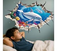 3D Under The Sea Wall Stickers, Dolphin Wall Decals, Removable Self Adhesive Wallpaper, for Kids Boys Baby Nursery Bedroom Bathroom Mall, Wall Door Glass Decoration, 3D Broken Ocean World Theme