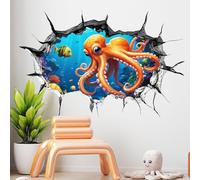 3D Under The Sea Wall Stickers, Octopus Wall Decals, Removable Self Adhesive Wall Decal, for Kids Boys Baby Nursery Bedroom Bathroom Mall, Wall Door Glass Decoration, 3D Ocean Animals Theme