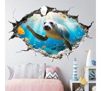 3D Under The Sea Wall Stickers, Seal Wall Decals, Removable Self Adhesive Wall Decal, for Kids Boys Baby Nursery Bedroom Bathroom Mall, Wall Door Glass Decoration, 3D Broken Ocean Animal Theme