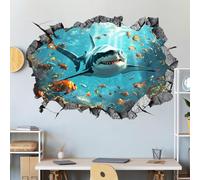 3D Under The Sea Wall Stickers, Shark Wall Decals, Removable Self Adhesive Wall Decal, for Kids Boys Baby Nursery Bedroom Bathroom Mall, Wall Door Glass Decoration, 3D Broken Ocean World Theme