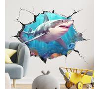 3D Under The Sea Wall Stickers, Shark Wall Decals, Removable Self Adhesive Wall Decal, for Kids Boys Baby Nursery Bedroom Bathroom Mall, Wall Door Glass Decoration, 3D Broken Ocean Animal Theme