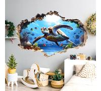 3D Under The Sea Wall Stickers, Turtle Wall Decals, Removable Self Adhesive Wallpaper, for Kids Boys Baby Nursery Bedroom Bathroom Mall, Wall Door Glass Decoration, 3D Broken Ocean World Theme
