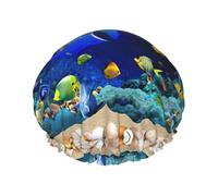 3D Underwater World Dolphin Printed Reusable Bathing Cap, Dual Layer Hair Cover For Long Thick Hair, 10.6in Headgear