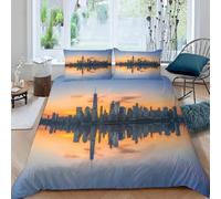 3D Urban Architecture Bedding Set River Duvet Cover Soft Brushed Microfiber Quilt Cover with Zipeer Closure and 2xPillowcases 50x75cm for Teens Adults (Single 135x200cm) e-2930