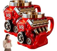 3D V8 Engine Coffee Mug, Red Retro Mechanical Design with Stainless Steel Insert, Double Wall Insulated Travel Cup with Handle, 15cm Height, Gift for Car Enthusiasts and Mechanics (2pcs)