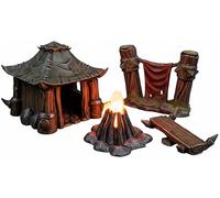 3D Vikings Orc Camp Set: Rustic Cabin, Battle Banner, Cosy Campfire & Wooden Bench - 28/32mm Scale, Unfinished Grey - Ideal for Tabletop RPGs and War Games
