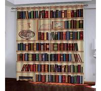 3D Vintage Bookshelf Printing Curtains, Perforated Waterproof Mildew Resistant Polyester Fabric Super Soft Thermal Insulated Bedroom Blackout Eyelet