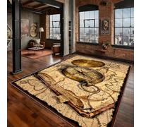 3D Vintage Brown Compass Rug ,140x200cm,Old Nautical Decor World Map Rug,Golden Coppery Non-Slip Washable Nautical Area Rugs, Low Pile Soft Ocean Rugs,for Living Room Bedroom Indoor Marine Carpet