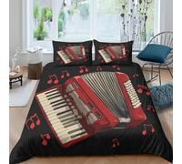 3D Vintage Red Accordion Super King Duvet Cover Sets Musical Notes Double Bedding Set Warm Comfort Microfiber Quilt Cover Size 240x260 cm with 2 Pillowcases 50×75 cm E-90