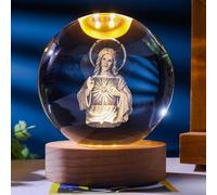 3D Virgin Mary Crystal Figurine,2.36in Ball Statue Religious Gifts for Women Men Christian,Glass Blessed Mother Sphere for Room with Warm Light Base,Collectible Keepsake for Catholic on Christmas (B)
