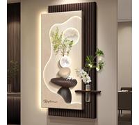 3D Vision sandstone Wall Art Decor with Led Light,Creative Vertical Hanging Sculpture Painting with Glass vase, Plug-in Power Supply,Symbol of good luck for Entrance(A,50*100cm/19.7*39.4in)