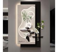 3D Vision sandstone Wall Art Decor with Led Light,Creative Vertical Hanging Sculpture Painting with Glass vase, Plug-in Power Supply,Symbol of good luck for Entrance(E,50*100cm/19.7*39.4in)