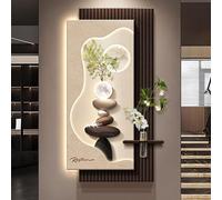 3D Vision sandstone Wall Art Decor with Led Light,Creative Vertical Hanging Sculpture Painting with Glass vase, Plug-in Power Supply,Symbol of good luck for Entrance(C,40*80cm/15.7*31.5in)