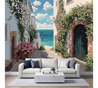 3D Visual Photo Wallpaper 400x280cm, Non-Woven Premium Art Print Mural Wallpaper, Mediterranean Greek Style Coastal Village Fleece Wall Mural Decoration Poster Picture