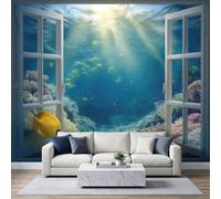 3D Visual Wall Mural 200x140cm, Window Underwater World Coral Reef Poster Mural, HD 3D Print Non-Woven Photo Wallpaper, Modern Living Room Bedroom TV Backdrop Wall Decoration
