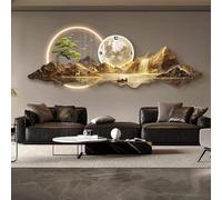 3D Wall Art Clock with LED Light, Modern Decorative Wall Hanging for Home Décor, Sunshine Golden Mountain Design, Pluggable Background Wall Lamp (50x150cm)