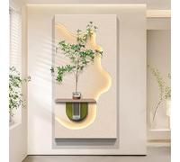 3D Wall Art Mural with LED Light - Artistic Wall Sculpture Decor with Vase and Faux Plant for Hotel Lobby, Living Room, Bedroom - 70 x 140 cm