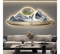 3D Wall Art Sculptures, Chinese Style LED Light Decorative Painting for Living Room, Restaurant & Office, Modern Landscape Wall Lamp Artwork (Style D 80 * 32 cm)