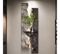 3D Wall Art With LED Light, Wall Decor With Vase And Artificial Plants, Butterflies Design 3D Sculpture Sandstone Painting For Living Room, Hallway (Black 2 35x100cm/13.8x39.4in)